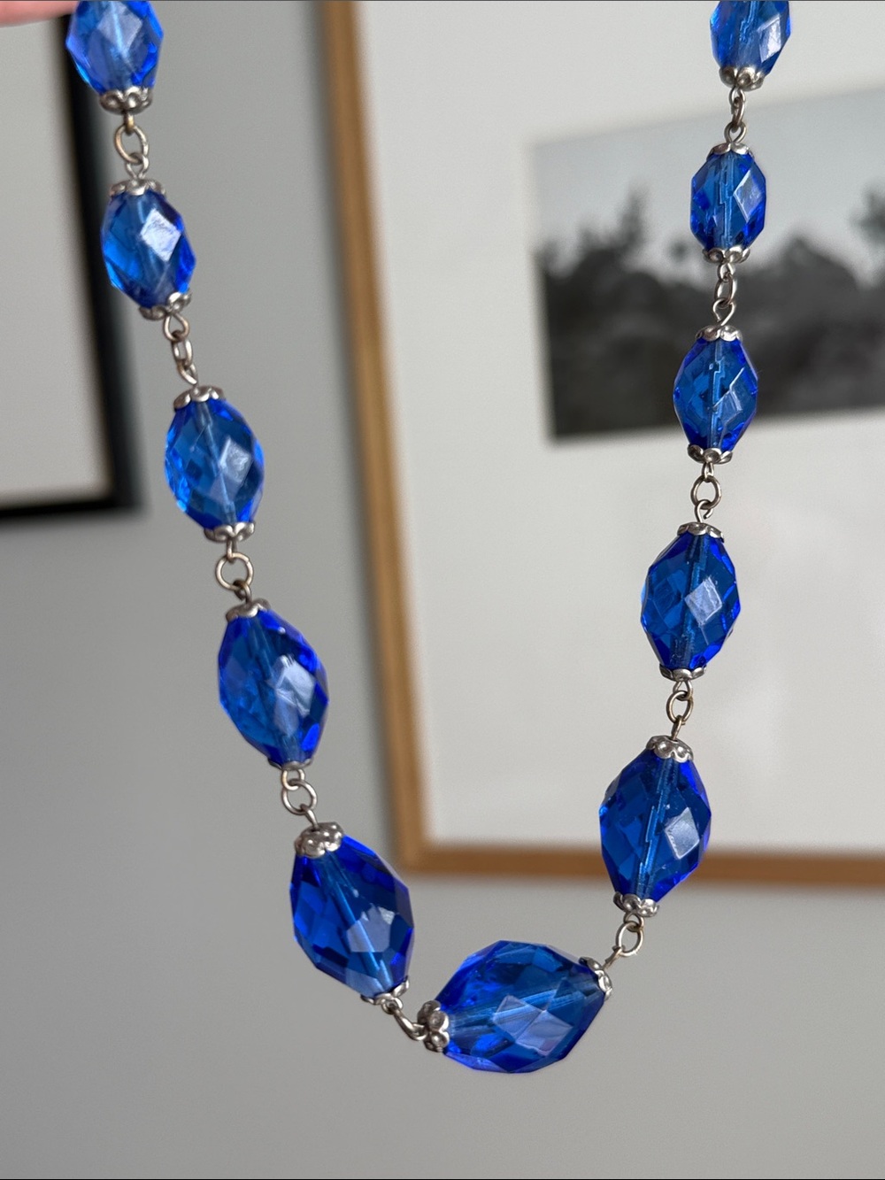 Vintage art deco Bohemian blue Czech glass bead necklace 1920s 30s jewelry